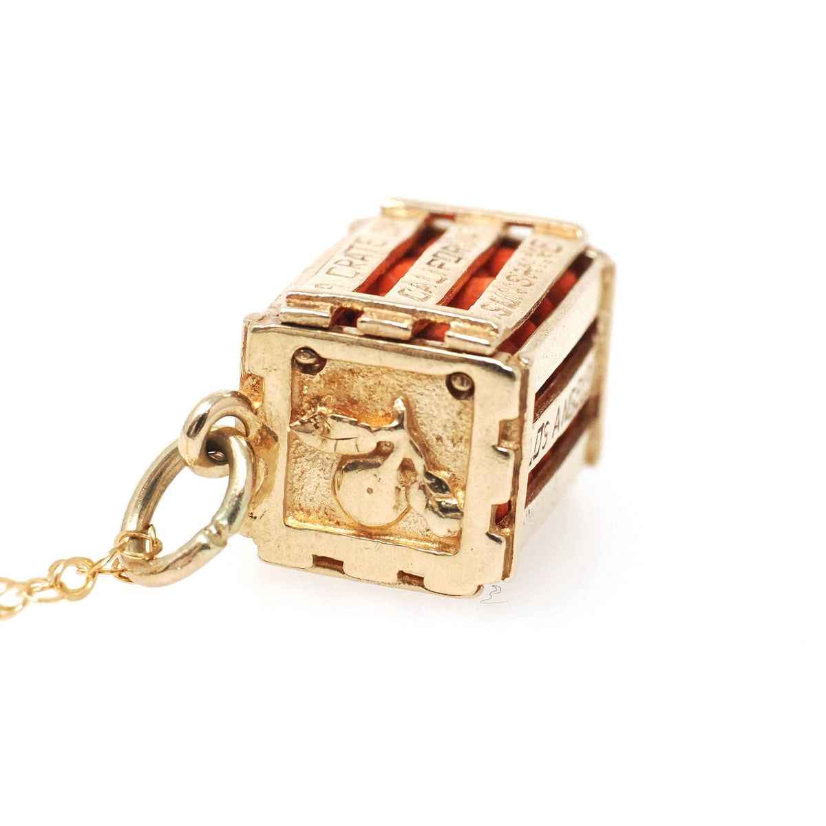 Vintage Orange Crate Charm - Estate 14k Yellow Gold Box of Citrus California Souvenir Pendant Necklace - Circa 1980s Quirky Fine 80s Jewelry