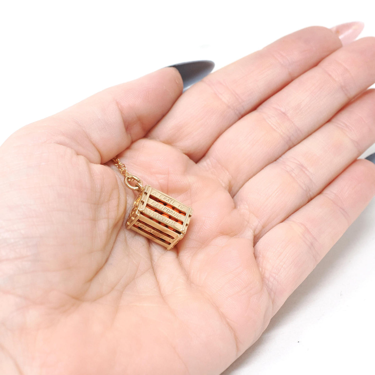 Vintage Orange Crate Charm - Estate 14k Yellow Gold Box of Citrus California Souvenir Pendant Necklace - Circa 1980s Quirky Fine 80s Jewelry