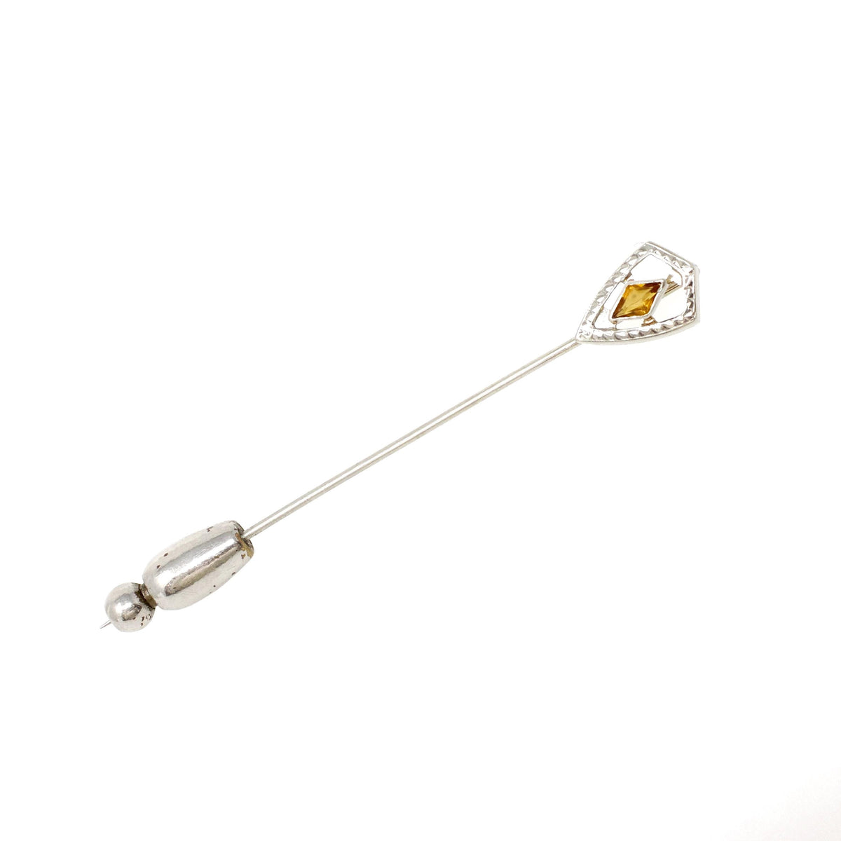 Art Deco Stick Pin - Vintage 14k White Gold Simulated Citrine Stone - Circa 1930s Era Tie Lapel Fine Orange Glass Belais Unisex Jewelry