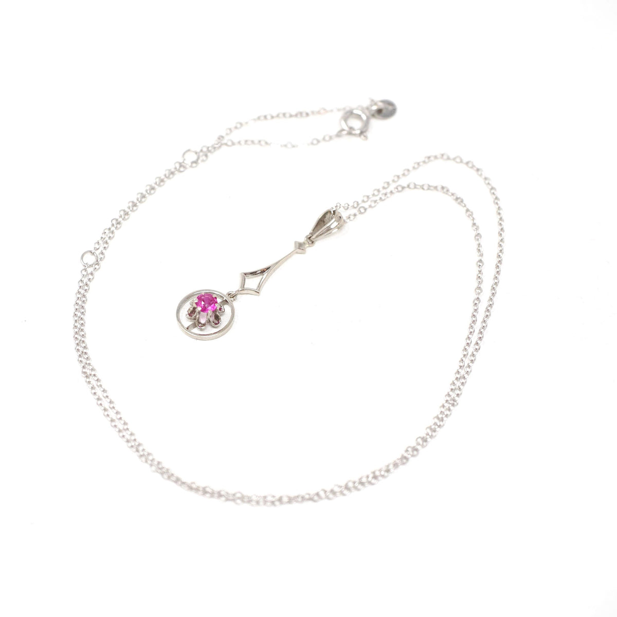 Art Deco Pendant - Vintage 14k White Gold Created Red Ruby Gemstone Charm Necklace - Circa 1930s Buttercup Lavalier Fine Statement Jewelry
