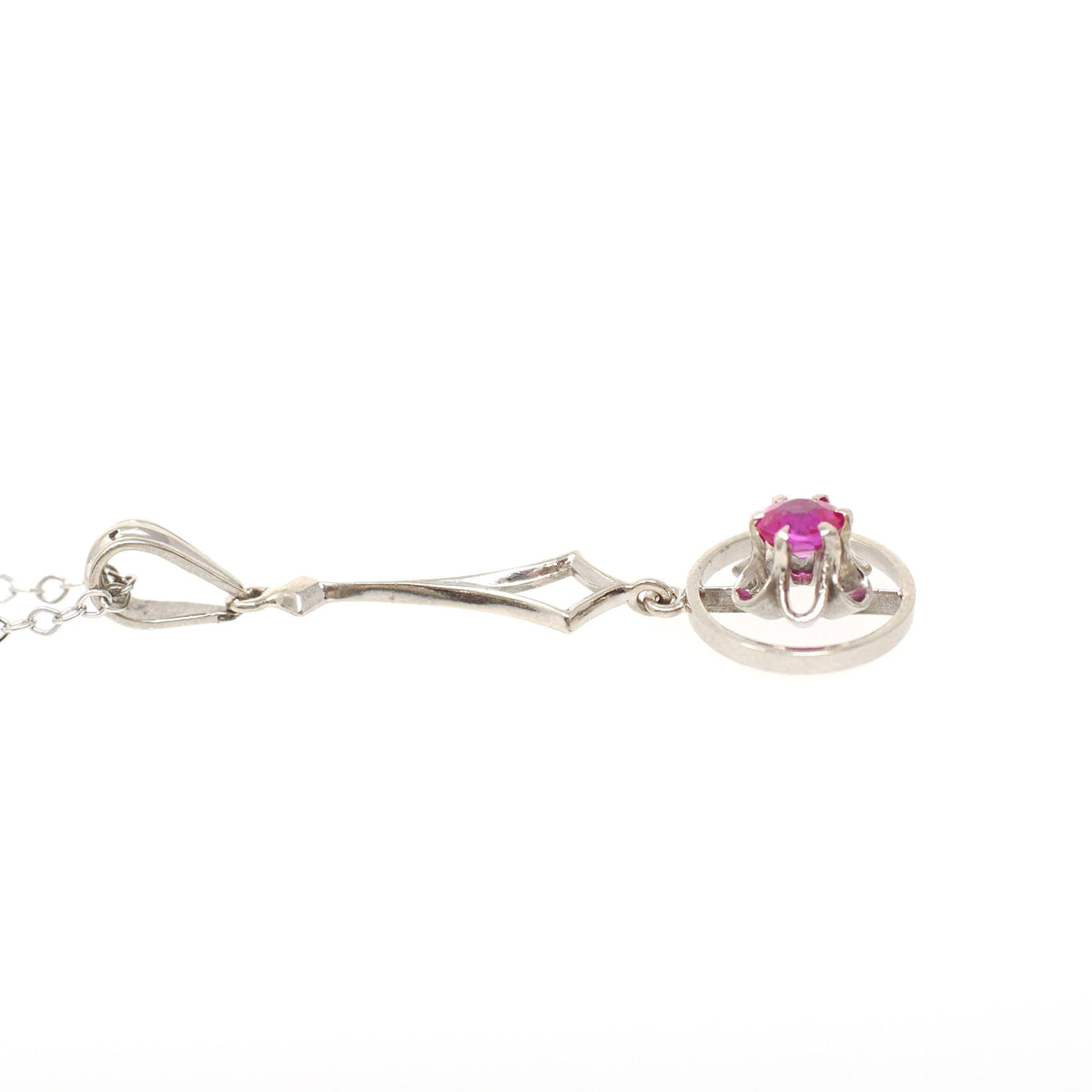 Art Deco Pendant - Vintage 14k White Gold Created Red Ruby Gemstone Charm Necklace - Circa 1930s Buttercup Lavalier Fine Statement Jewelry