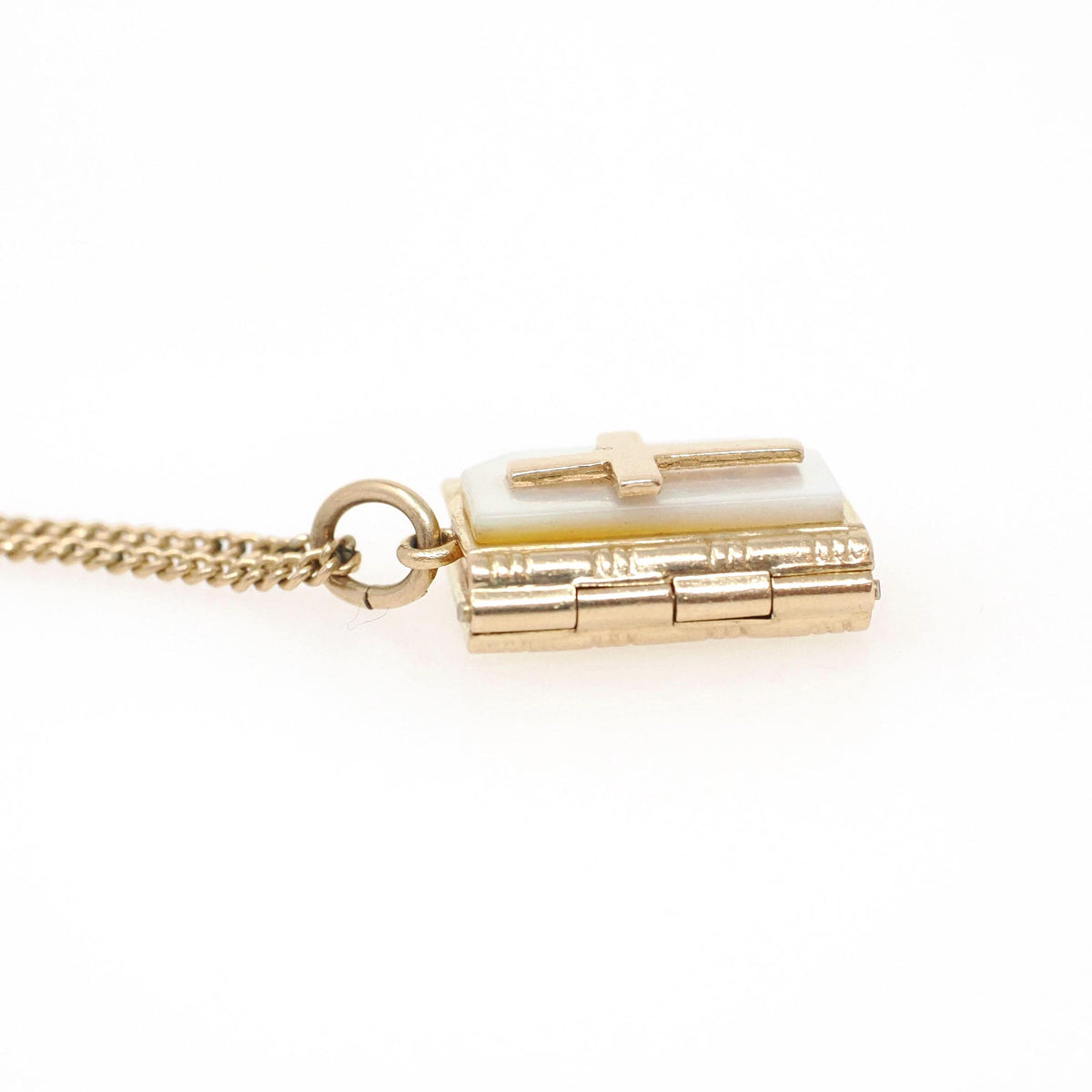 Vintage Bible Locket - Mid Century 14k Gold Filled Mother Of Pearl Cross Necklace Pendant Book - 1950s Era The Lord's Prayer JMF Co Jewelry