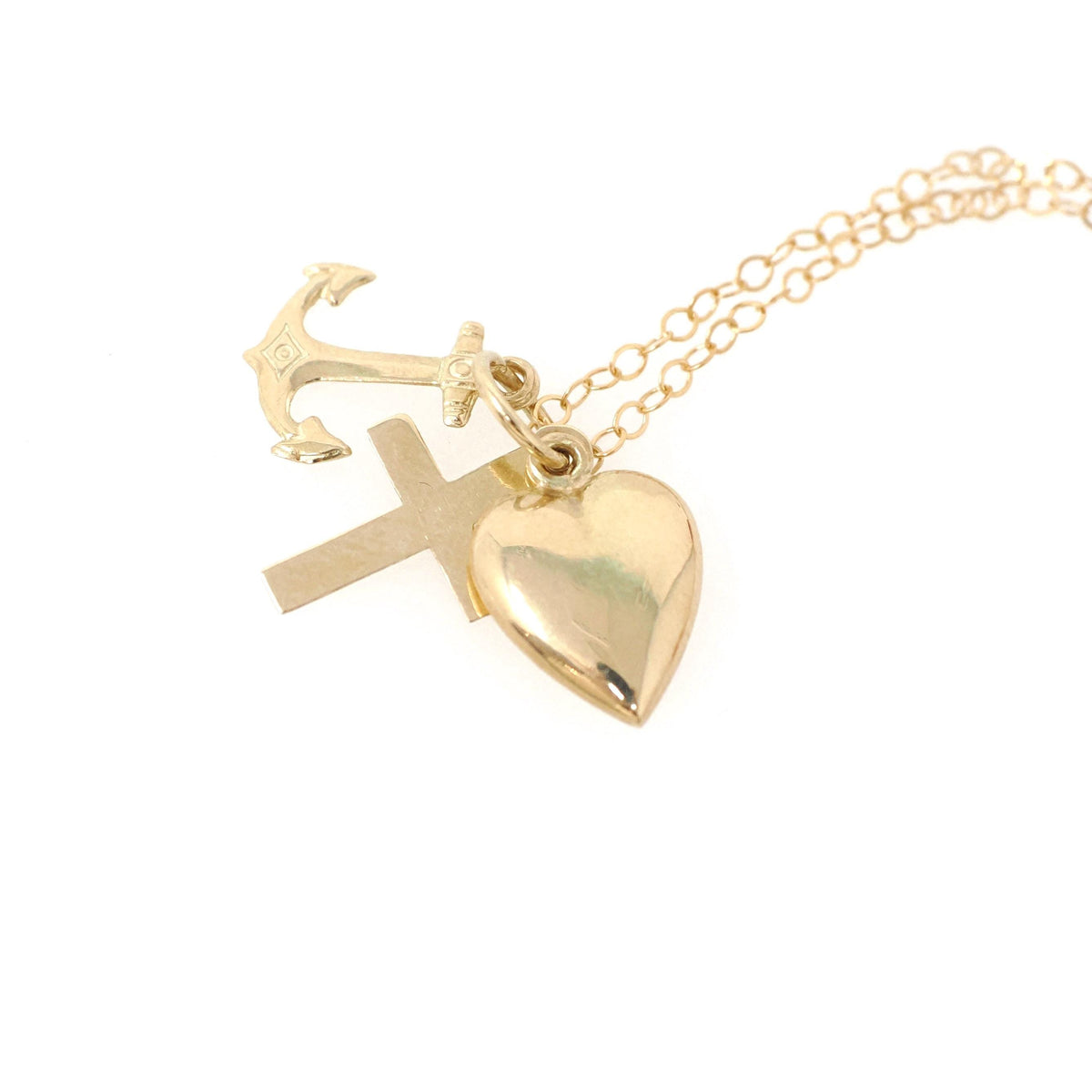 Modern Charm Necklace - Contemporary 14k Yellow Gold Cross Anchor Heart Pendants - Circa 2000s Era Faith Hope Charity Religious Fine Jewelry