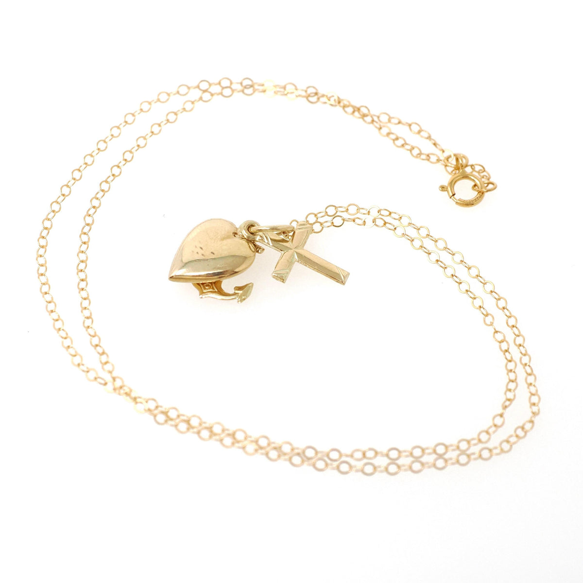 Modern Charm Necklace - Contemporary 14k Yellow Gold Cross Anchor Heart Pendants - Circa 2000s Era Faith Hope Charity Religious Fine Jewelry