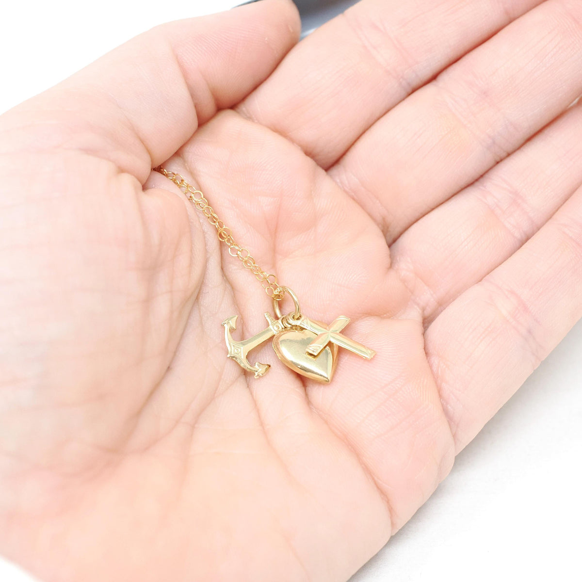 Modern Charm Necklace - Contemporary 14k Yellow Gold Cross Anchor Heart Pendants - Circa 2000s Era Faith Hope Charity Religious Fine Jewelry