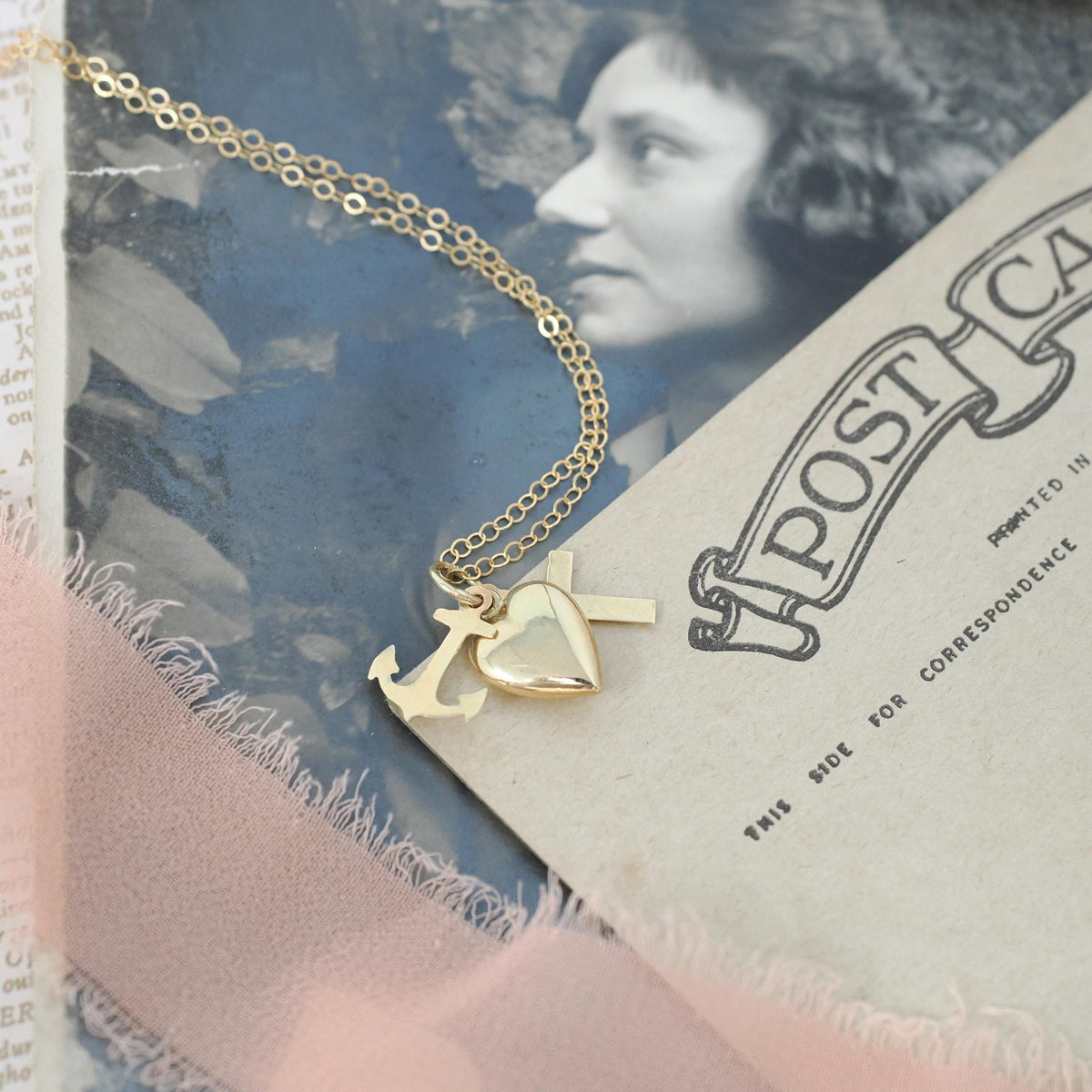 Modern Charm Necklace - Contemporary 14k Yellow Gold Cross Anchor Heart Pendants - Circa 2000s Era Faith Hope Charity Religious Fine Jewelry