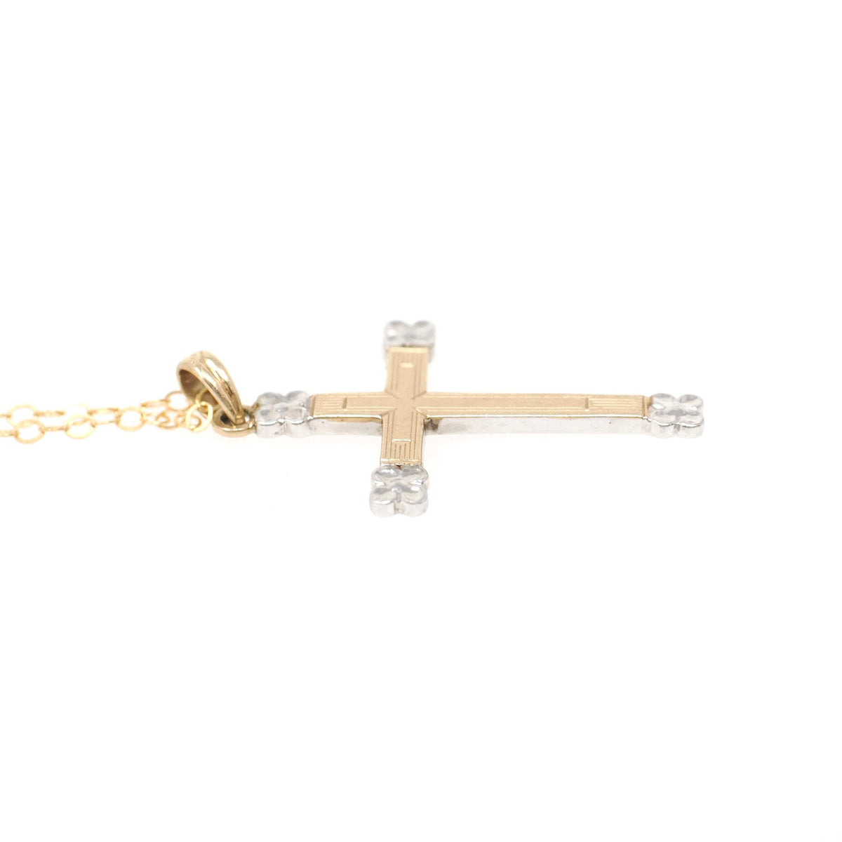 Vintage Cross Necklace - Retro 10k Yellow & White Gold Engraved Design Pendant - Circa 1940s Era Religious Faith Fine Signed Esemco Jewelry