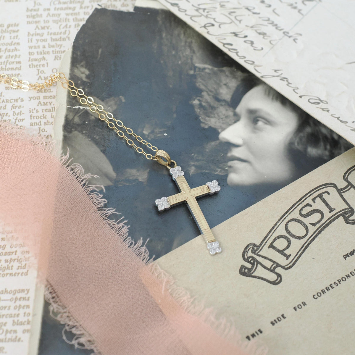Vintage Cross Necklace - Retro 10k Yellow & White Gold Engraved Design Pendant - Circa 1940s Era Religious Faith Fine Signed Esemco Jewelry