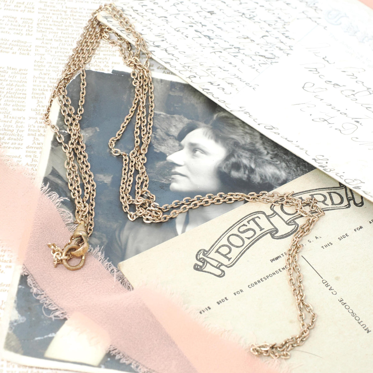 Antique Lorgnette Chain - Edwardian Gold Filled Stationed Dog Clip Cable Link Doubled Necklace - Circa 1910s Era Fashion Accessory Jewelry