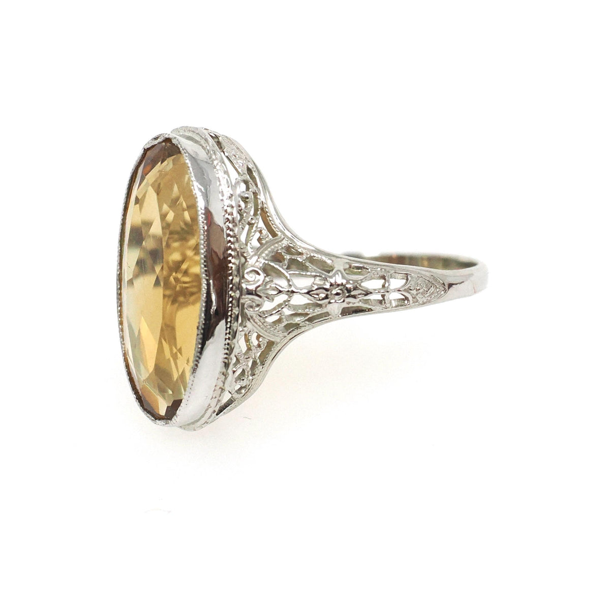 Vintage Citrine Ring - Art Deco 18k White Gold Flower Filigree Oval Faceted Orange Gemstone - Vintage Circa 1930s Era Size 7.5 Fine Jewelry