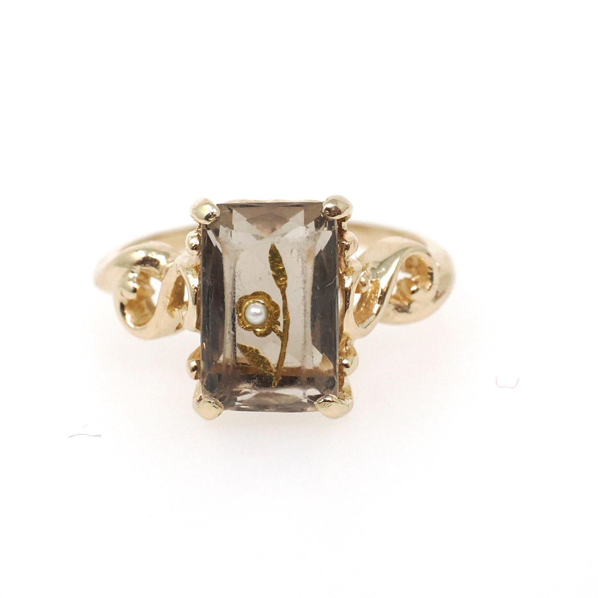 Rose of Sharon Ring - Vintage 14k Yellow Gold French Cut Quartz Seed Pearl Solitaire - Mid Century 1950s Size 6 Brownish Purple Fine Jewelry