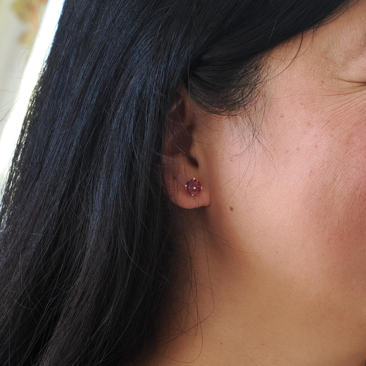 Rhodolite Garnet Earrings - Contemporary 14k Yellow Gold Pierced Push Backs Studs - Circa 2000's Round Faceted 2.96 CTW Gems Fine Jewelry