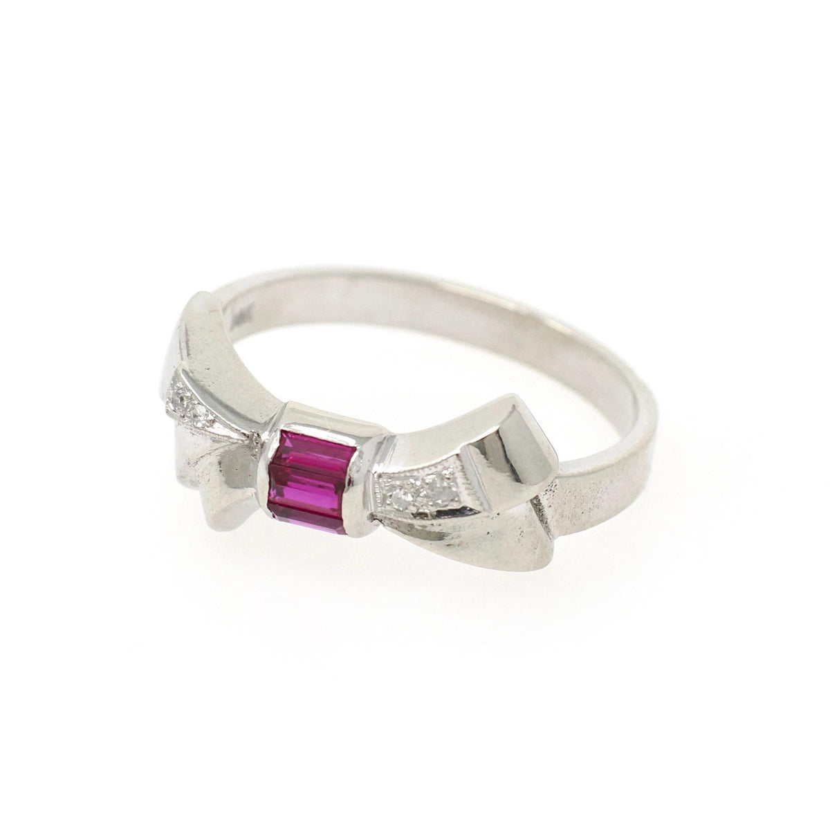 Vintage Bow Ring - Mid Century 14k White Gold Created Ruby Baguette .03 CTW Diamond Statement - Circa 1950s Size 8.5 Fine Sweetheart Jewelry
