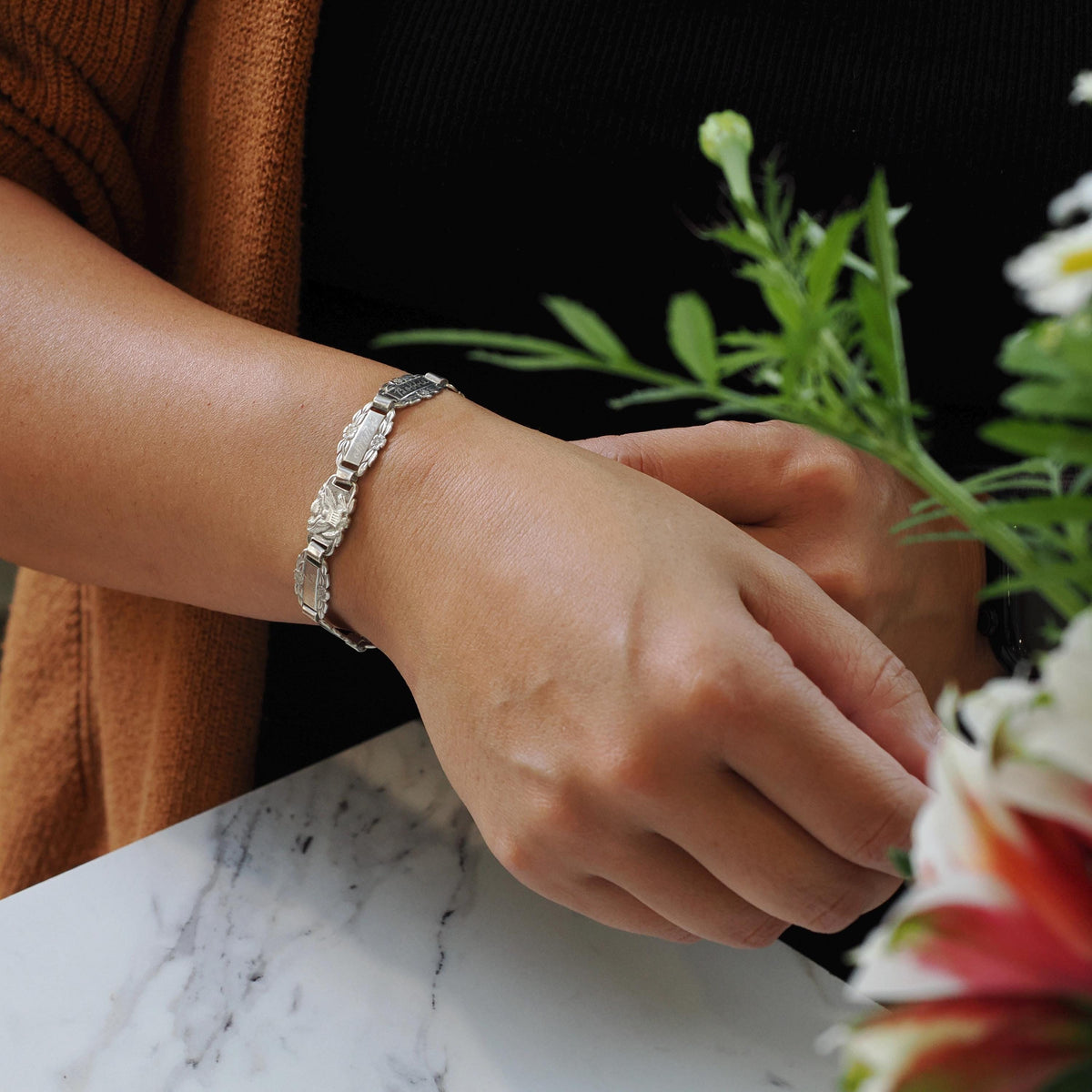 Forget Me Not Bracelet - Retro Sterling Silver Engraved Floral Panels 6.75 Inches - Vintage Circa 1940s Engraved Names Flower Family Jewelry