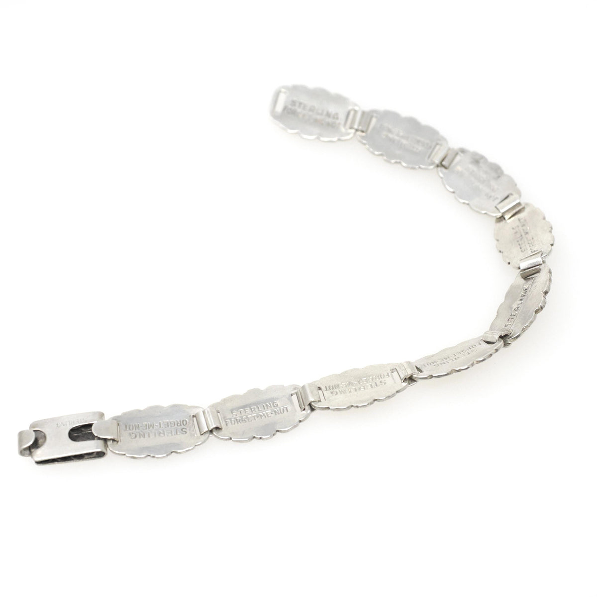 Forget Me Not Bracelet - Retro Sterling Silver Engraved Floral Panels 6.75 Inches - Vintage Circa 1940s Engraved Names Flower Family Jewelry