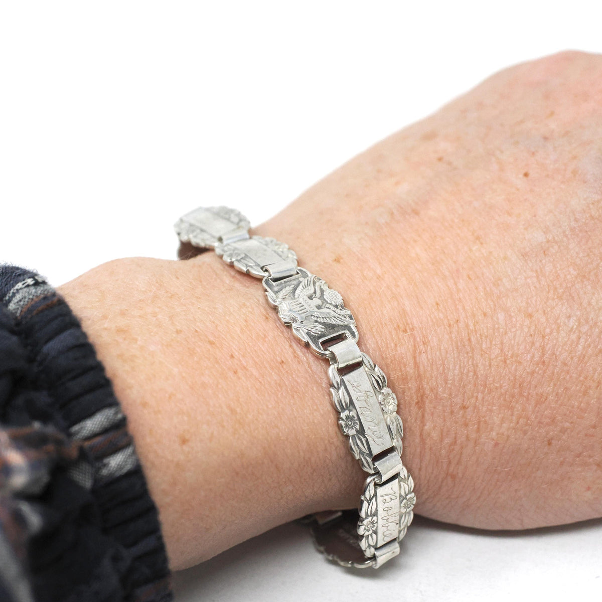 Forget Me Not Bracelet - Retro Sterling Silver Engraved Floral Panels 6.75 Inches - Vintage Circa 1940s Engraved Names Flower Family Jewelry