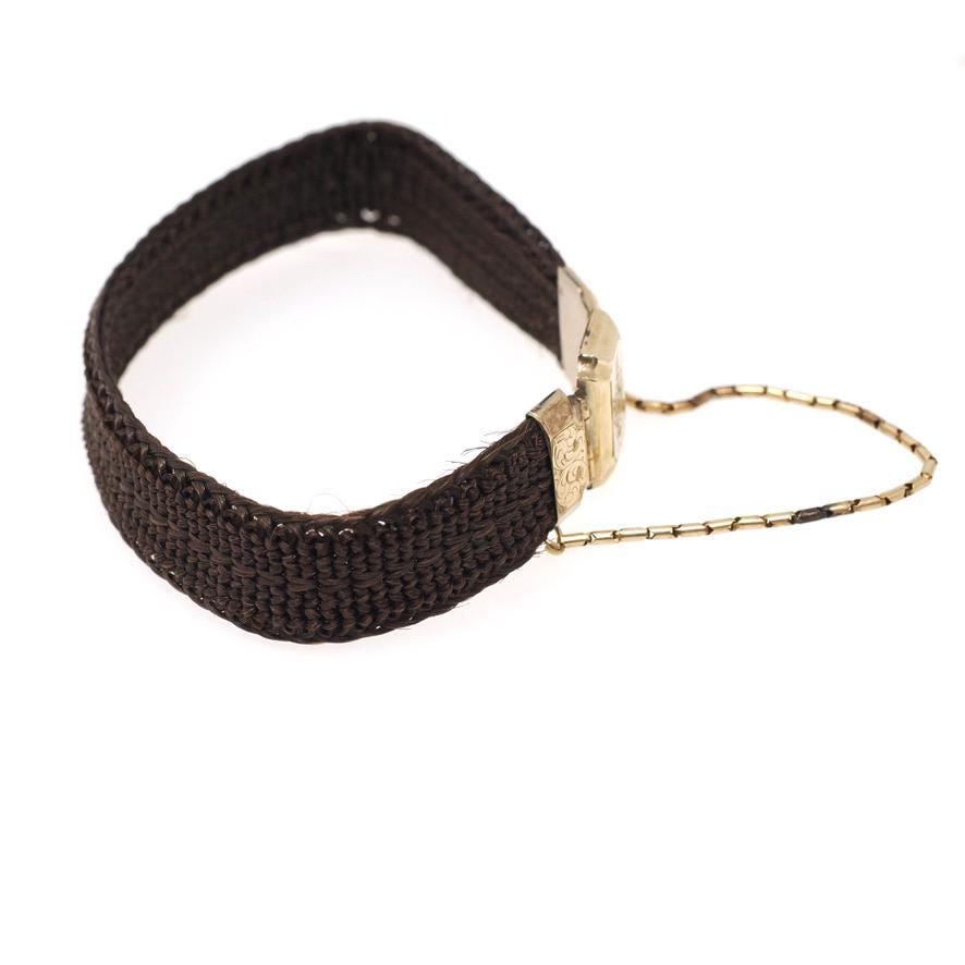 Victorian Hair Bracelet - Antique 10k Gold Woven Engraved "Cousin Sally" Mourning Jewelry - Dated 1843 Floral Motif Fine Accessory