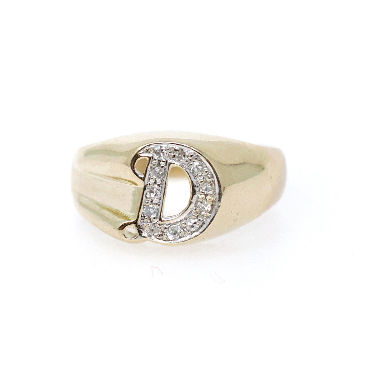 Letter "D" Ring - Estate 14k Yellow Gold Initial Monogram Signet - Contemporary Era Size 5 1/4 Diamond Encrusted Fine Statement Jewelry