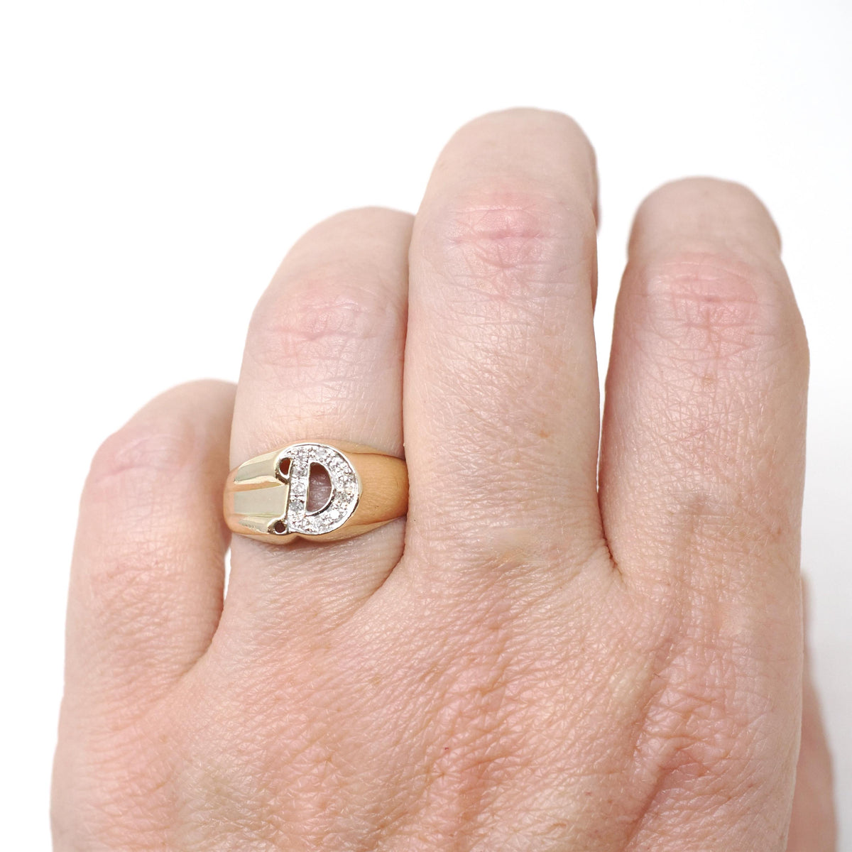 Letter "D" Ring - Estate 14k Yellow Gold Initial Monogram Signet - Contemporary Era Size 5 1/4 Diamond Encrusted Fine Statement Jewelry