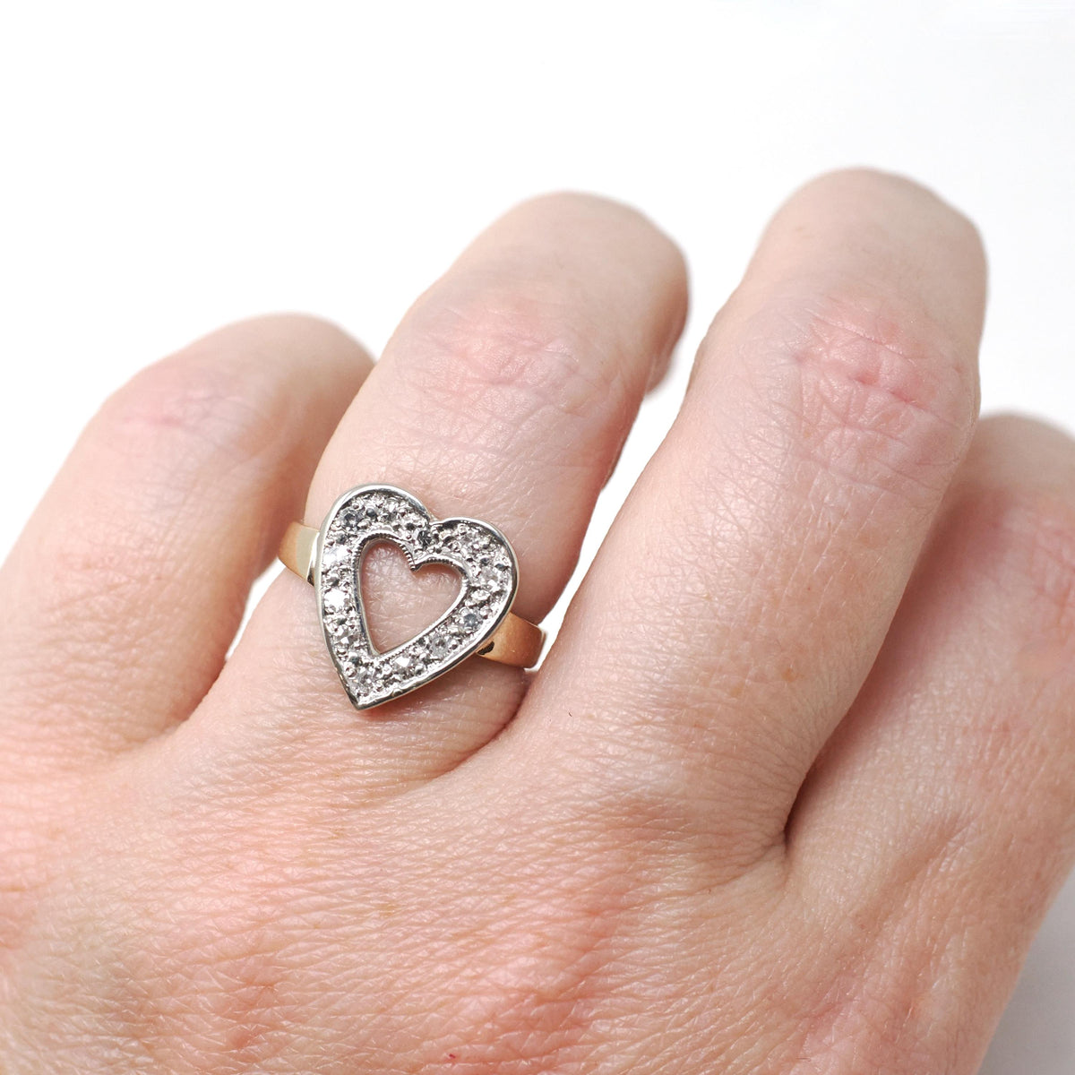 Diamond Heart Ring - Mid Century 14k Yellow & White Gold Sweetheart Promise Love - Vintage Circa 1950s Era Size 4 3/4 Statement Fine Jewelry