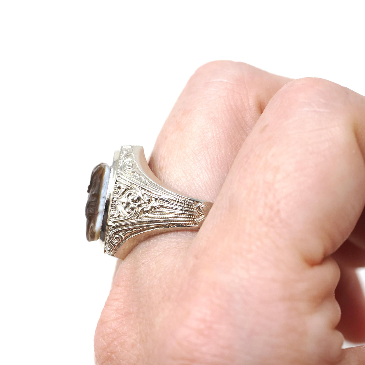 Art Deco Ring - Vintage 14k White Gold Double Cameo Brown White Natural Sardonyx - Circa 1930s Size 9 1/4 Helen & Paris Of Troy Fine Jewelry