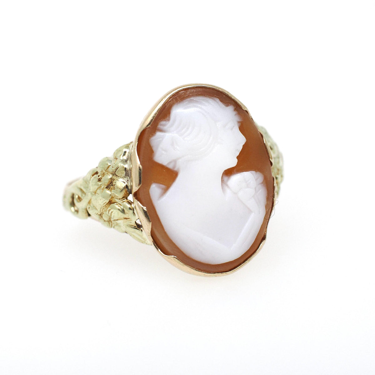 Vintage Cameo Ring - Retro 10k Yellow Gold Diamond Oval Carved Shell - Circa 1940s Era Size 8 Woman Portrait Fine Floral Statement Jewelry