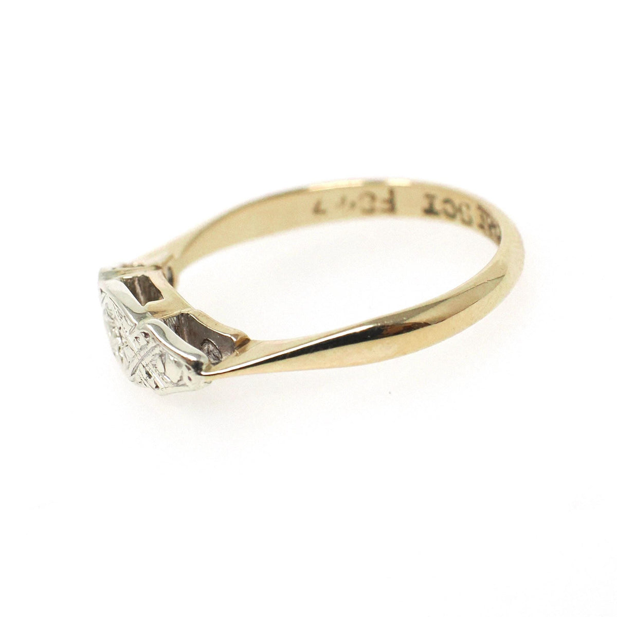Art Deco Ring - Antique 9k Yellow Gold & Platinum Star Incised Diamond Band - Circa 1920s Era Size 5 East West Eye Fine Two Tone Jewelry