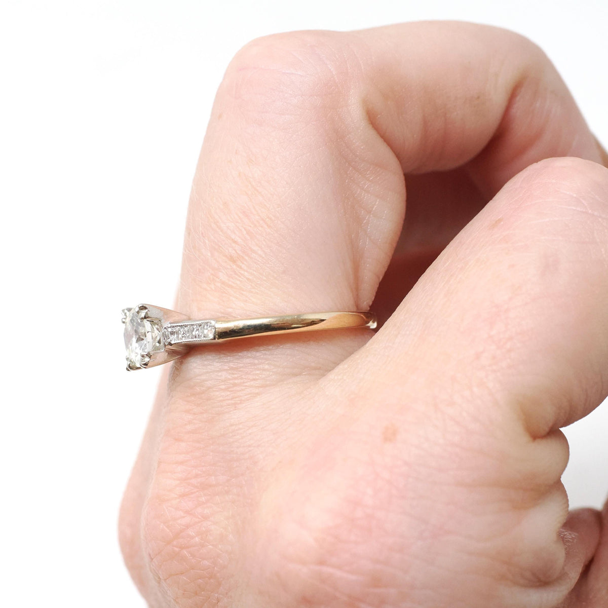 Diamond Engagement Ring - Mid Century 14k Yellow & White Gold .71 CTW Natural Two Tone Trefoil Set - Circa 1950s Era Size 7 3/4 Fine Jewelry