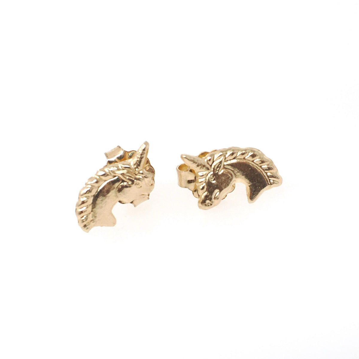 Gold Unicorn Earrings - Contemporary 14k Yellow Figural Friction Post Push Back Studs - Estate Circa 2000s Era Dainty Fine Statement Jewelry