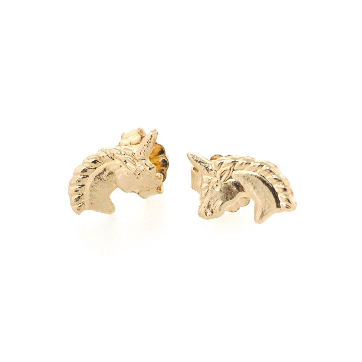Gold Unicorn Earrings - Contemporary 14k Yellow Figural Friction Post Push Back Studs - Estate Circa 2000s Era Dainty Fine Statement Jewelry