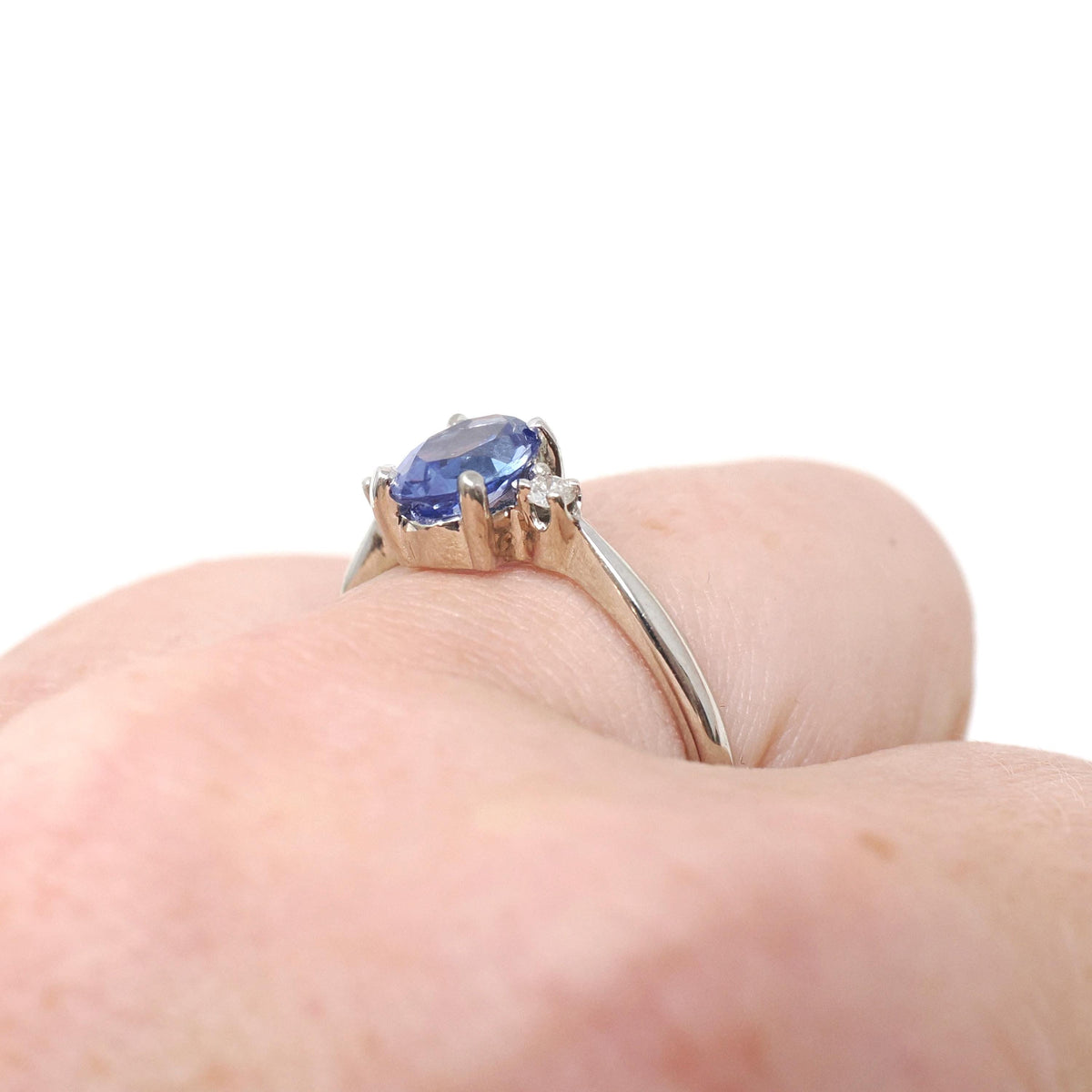 Tanzanite & Diamond Ring - Vintage 14k White Gold Natural Violet Blue Oval Cut Gemstone - Mid Century Era Size 6 1/2 Fine Engagement Jewelry