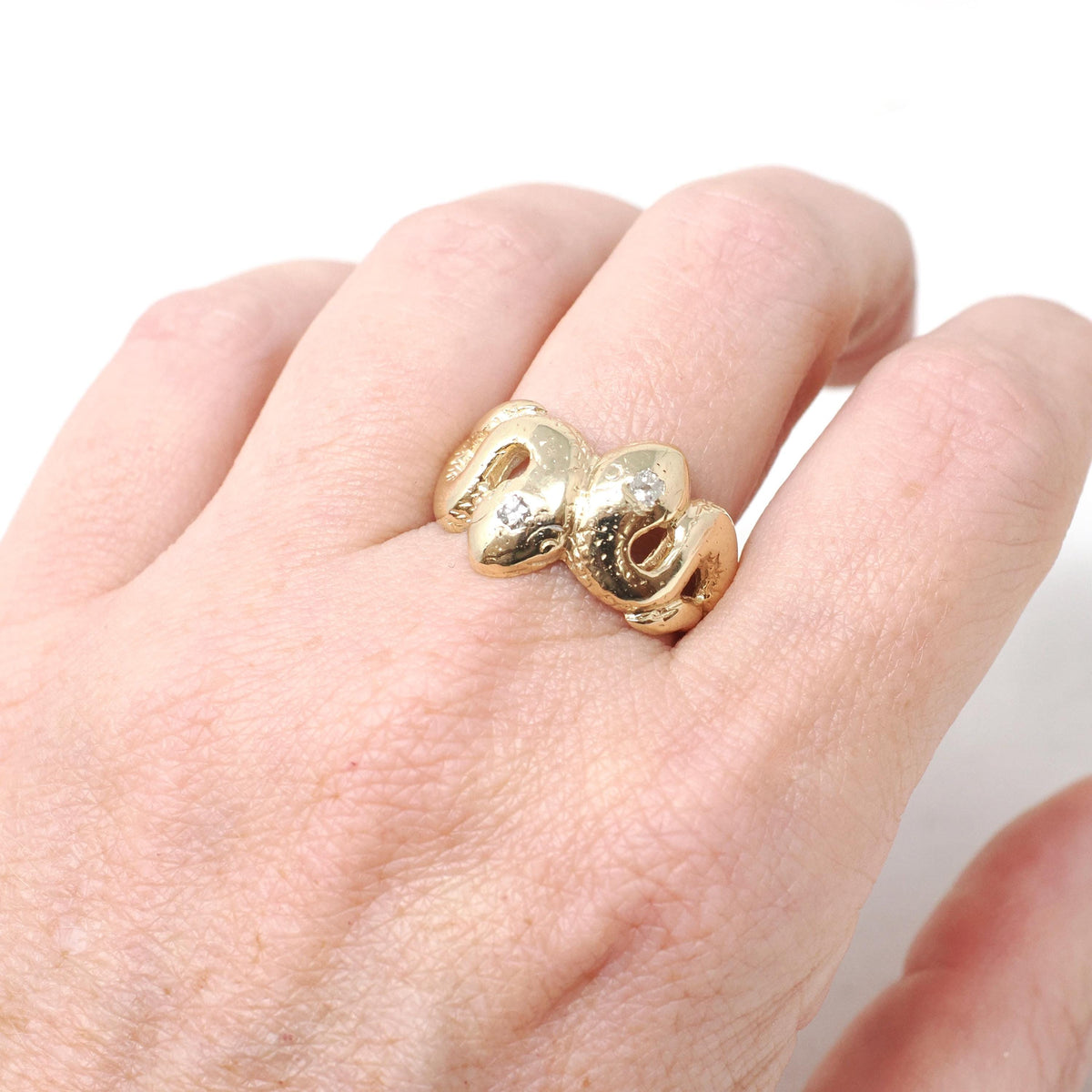 Vintage Snake Ring - Circa 1980s 14k Yellow Gold Figural Dual Serpent Bypass - Bold Gold Size 8 3/4 Diamond .06 CTW Accents Fine Jewelry