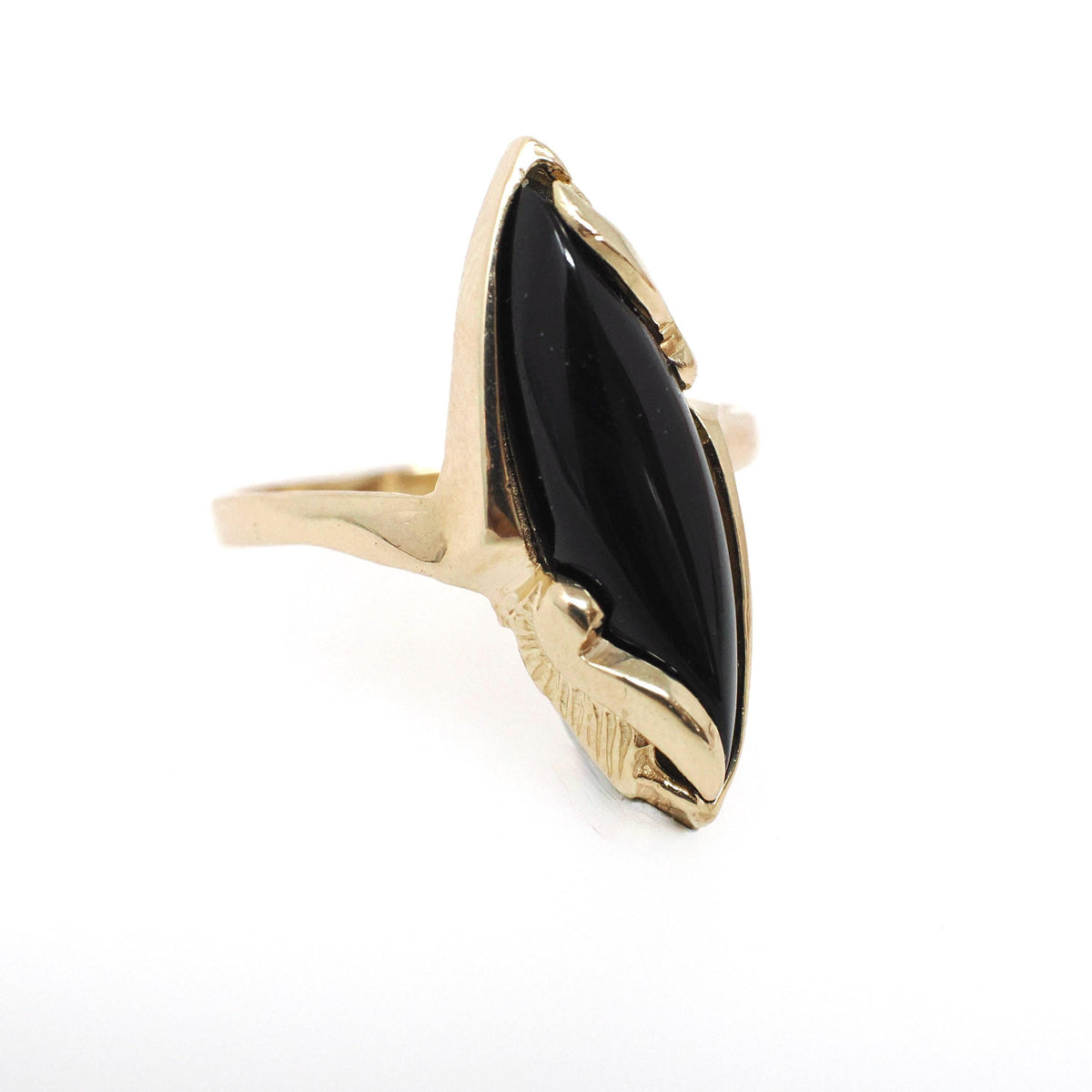 Vintage Onyx Ring - Modernist 14k Yellow Gold Marquise Cabochon Cut Black Chalcedony Gem - Circa 1960s Era Size 7 1/4 Fine Statement Jewelry