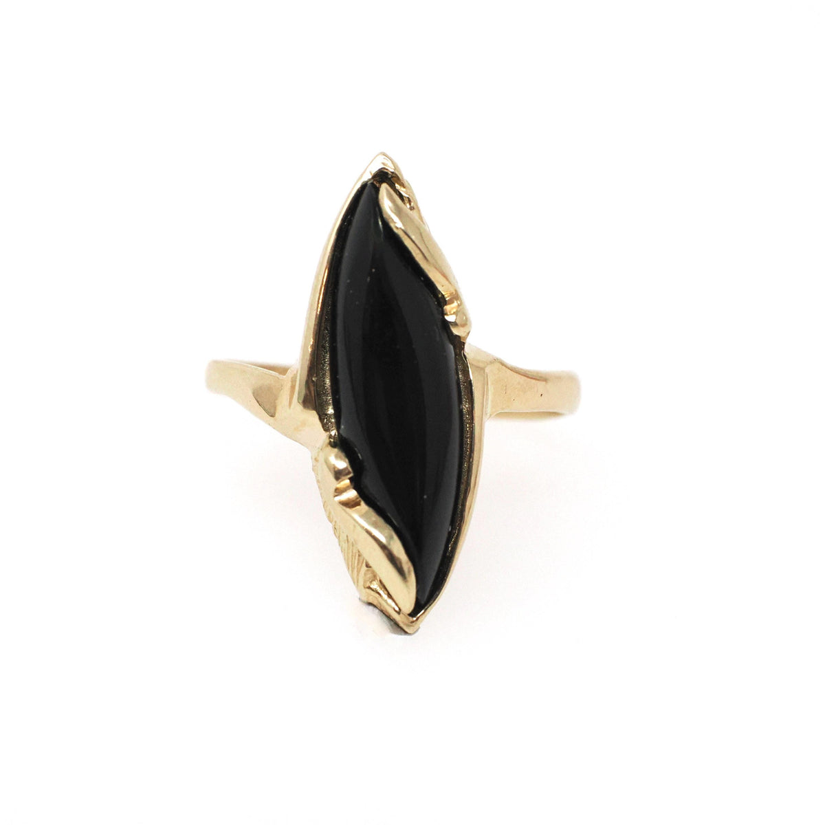 Vintage Onyx Ring - Modernist 14k Yellow Gold Marquise Cabochon Cut Black Chalcedony Gem - Circa 1960s Era Size 7 1/4 Fine Statement Jewelry