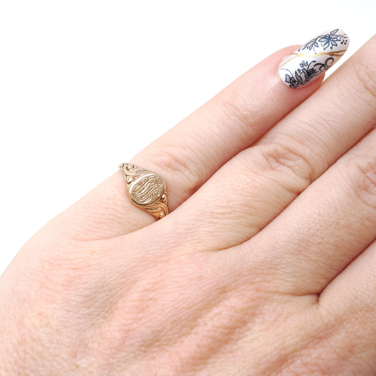 Edwardian Signet Ring - Antique 10k Yellow Gold JAK Engraved "MG" Monogram Initials - Art Nouveau 1910s Era Size 3 Fine Scroll Jewelry