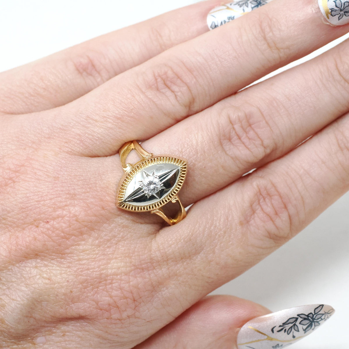 Star Diamond Ring - Retro 10k Yellow & White Gold Natural .12 CTW Navette Signet - Circa 1940s Size 8 3/4 Celestial Fine Engagement Jewelry