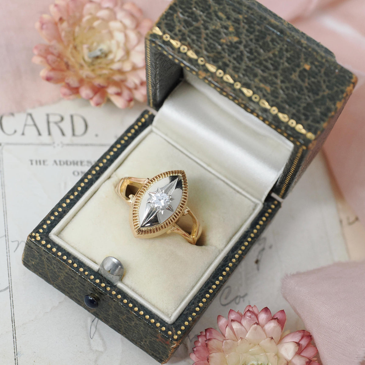 Star Diamond Ring - Retro 10k Yellow & White Gold Natural .12 CTW Navette Signet - Circa 1940s Size 8 3/4 Celestial Fine Engagement Jewelry