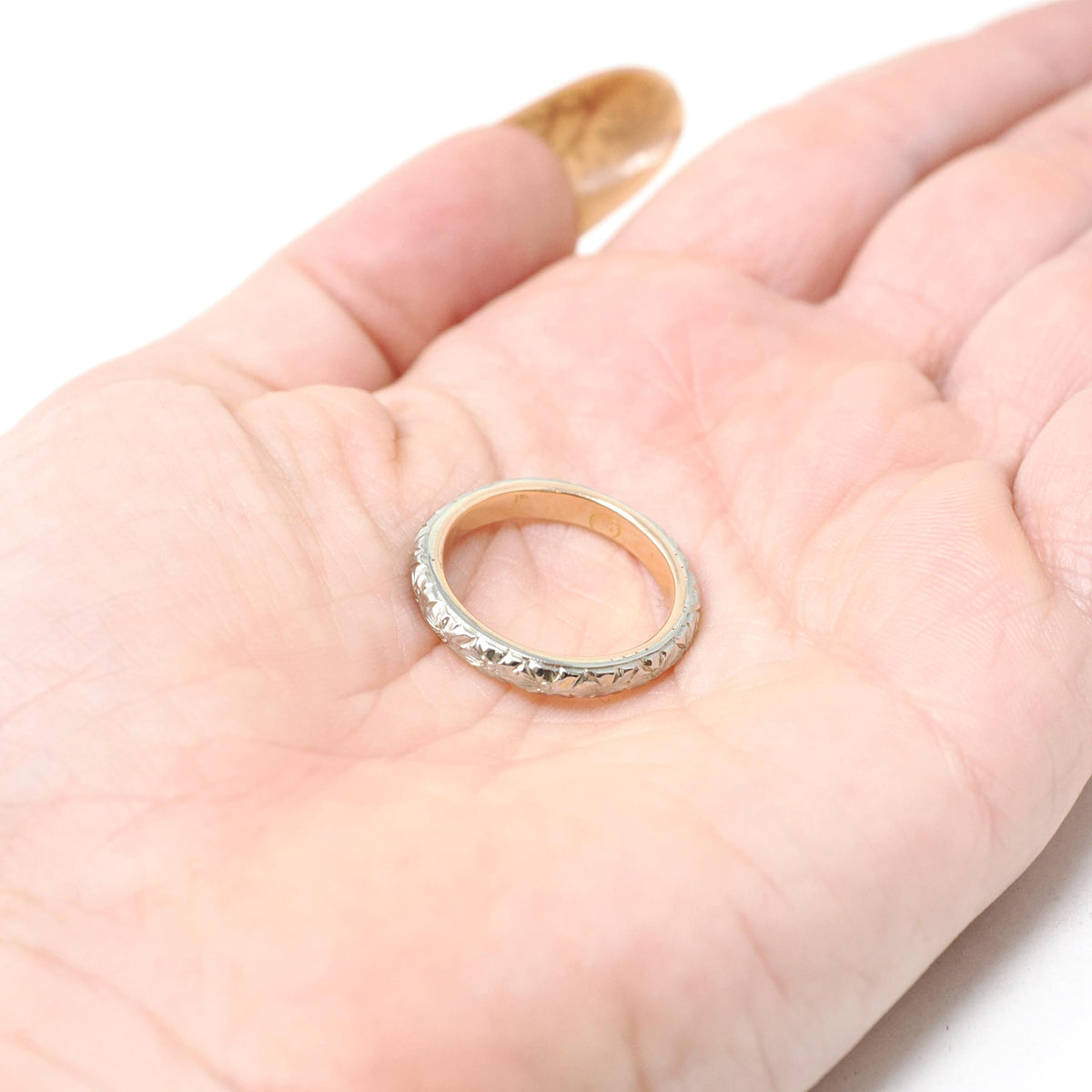 Vintage Flower Band - Art Deco 18k Rose & White Gold Orange Blossom Design Ring - Circa 1930s Era Size 7 Two Tone Fine Statement Jewelry