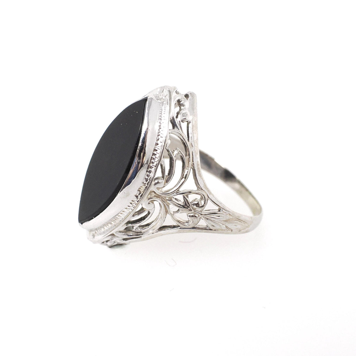 Onyx Navette Ring - Art Deco 14k White Gold Natural Black Chalcedony Flat Top Marquise Gemstone - Circa 1930s Era Size 5 Fine Jewelry