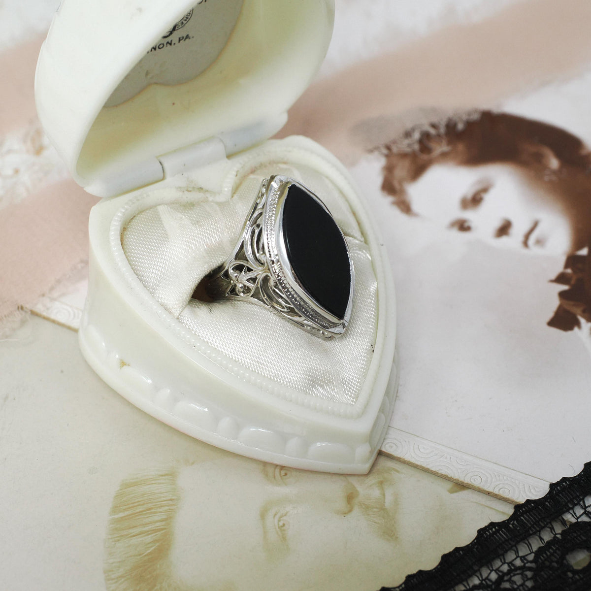 Onyx Navette Ring - Art Deco 14k White Gold Natural Black Chalcedony Flat Top Marquise Gemstone - Circa 1930s Era Size 5 Fine Jewelry