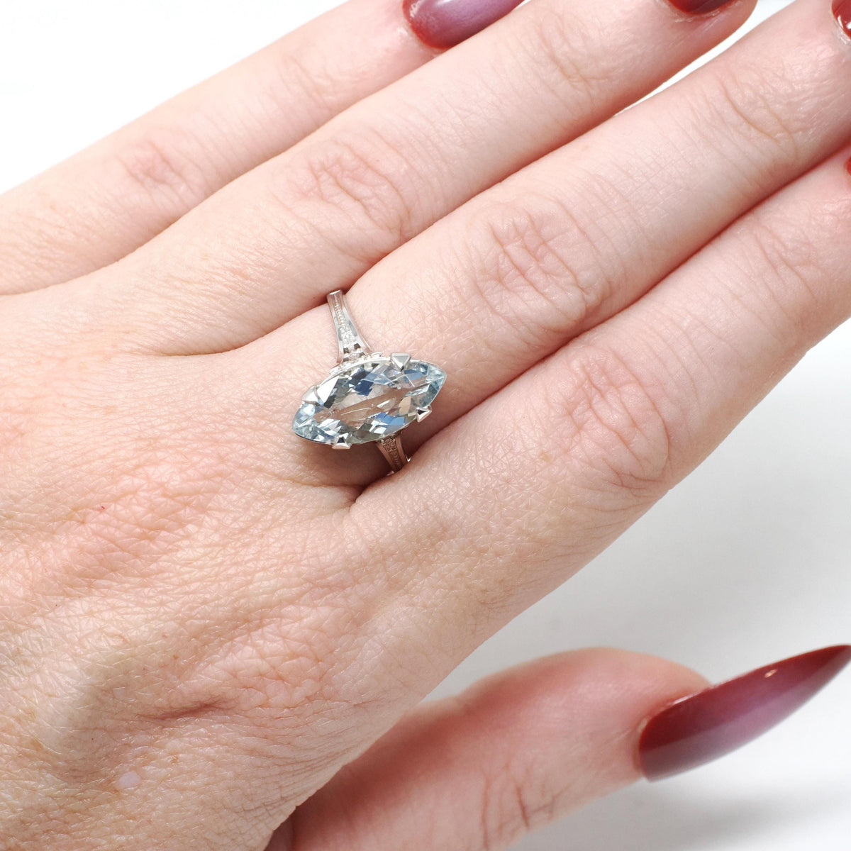 Vintage Aquamarine Ring - Art Deco 14k White Gold Light Blue Marquise Gem Engagement - Circa 1930s Era Size 7 March Birthstone Fine Jewelry