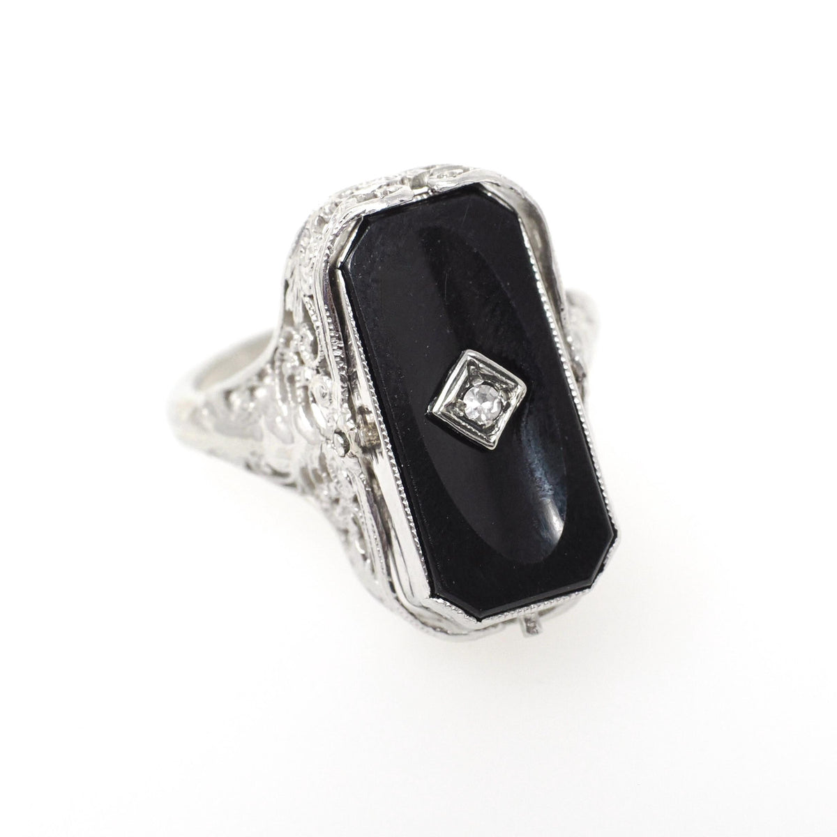 Vintage Flip Ring - Art Deco 14k White Gold Two Sided Shell Cameo Black Onyx Natural Diamond - Circa 1930s Size 6 1/2 Filigree Fine Jewelry