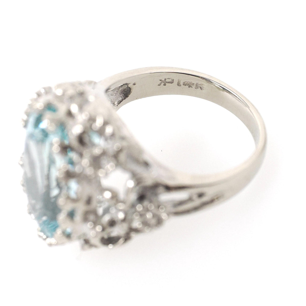 Aquamarine Flower Ring - Contemporary 14k White Gold Natural Oval 6.30 CT Solitaire - Circa 2000's Size 4 1/2 March Birthstone Fine Jewelry