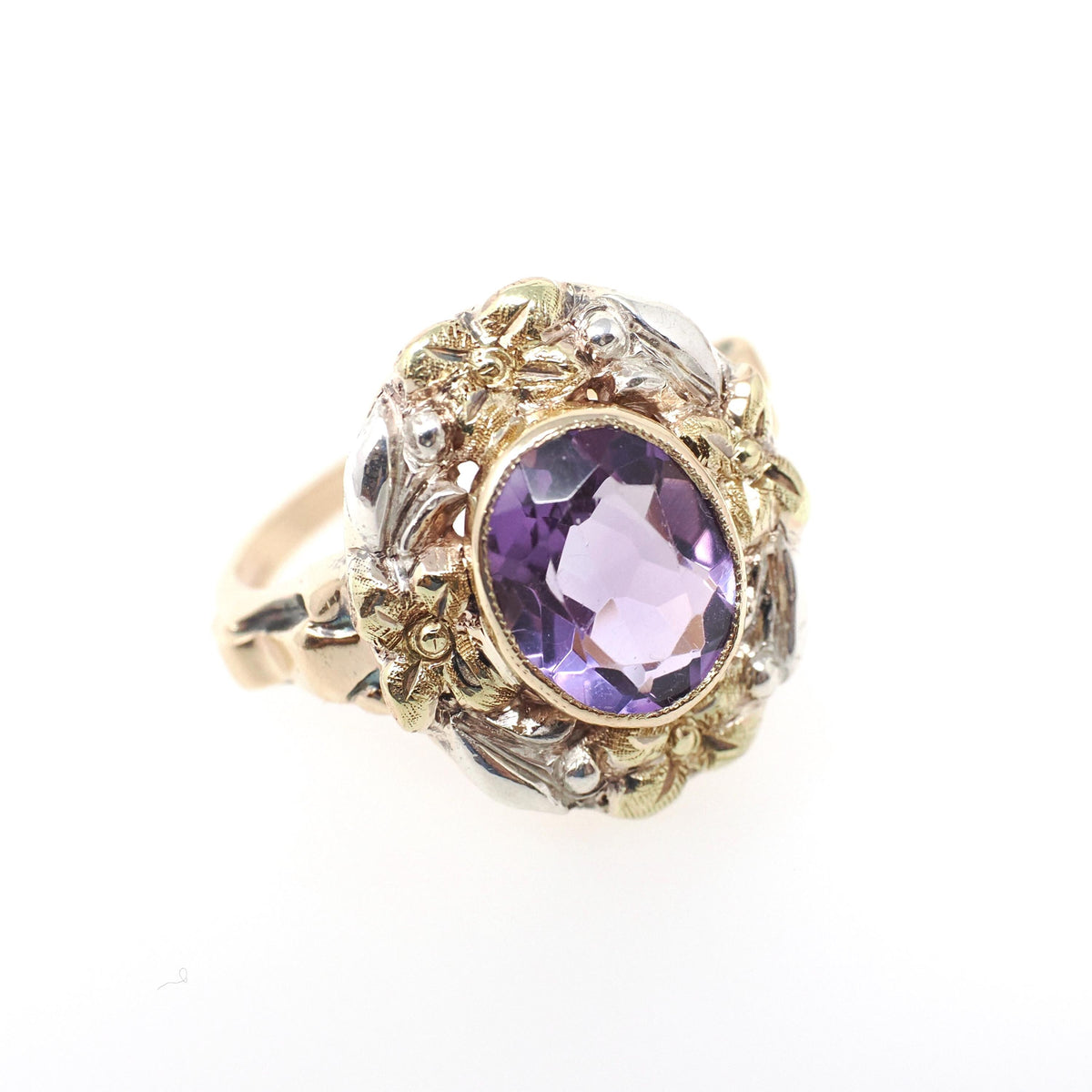 Vintage Amethyst Ring - Retro 10k Yellow Gold & Silver Purple Gem Flower Two Tone Halo - Circa 1940s Era Size 6.25 Cocktail Fine Jewelry