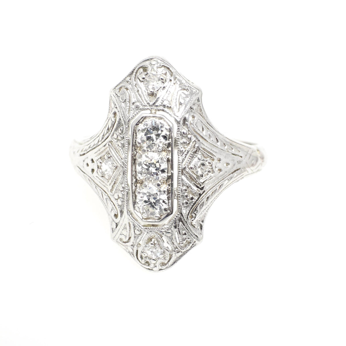 Antique Shield Ring - Art Deco 18k White Gold Platinum .32 CTW Diamond Filigree Statement - Circa 1920s Era Size 6 1/4 Cocktail Fine Jewelry