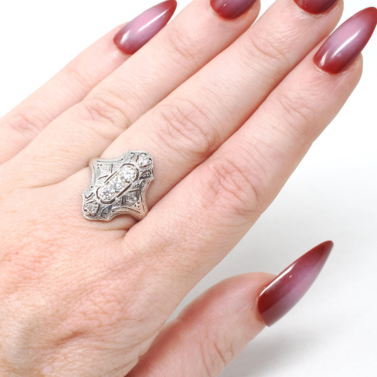 Antique Shield Ring - Art Deco 18k White Gold Platinum .32 CTW Diamond Filigree Statement - Circa 1920s Era Size 6 1/4 Cocktail Fine Jewelry