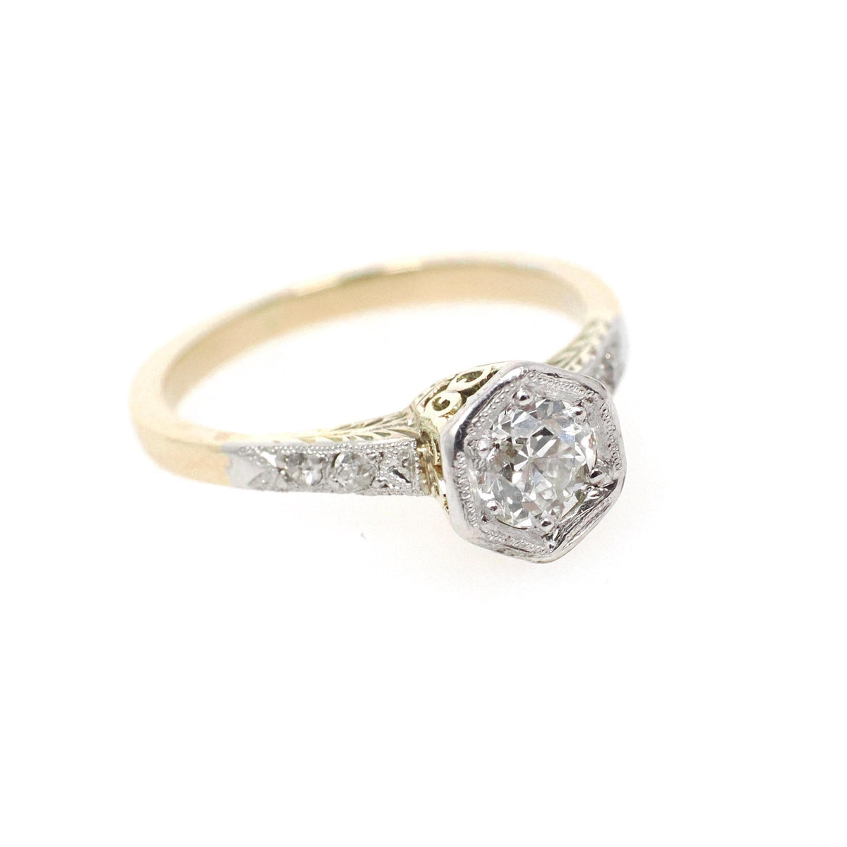 Art Deco Diamond Ring - Vintage 18k Yellow Gold & Platinum Two Tone .45 CTW Old European Cut - Circa 1920s Size 5 Engagement Fine Jewelry