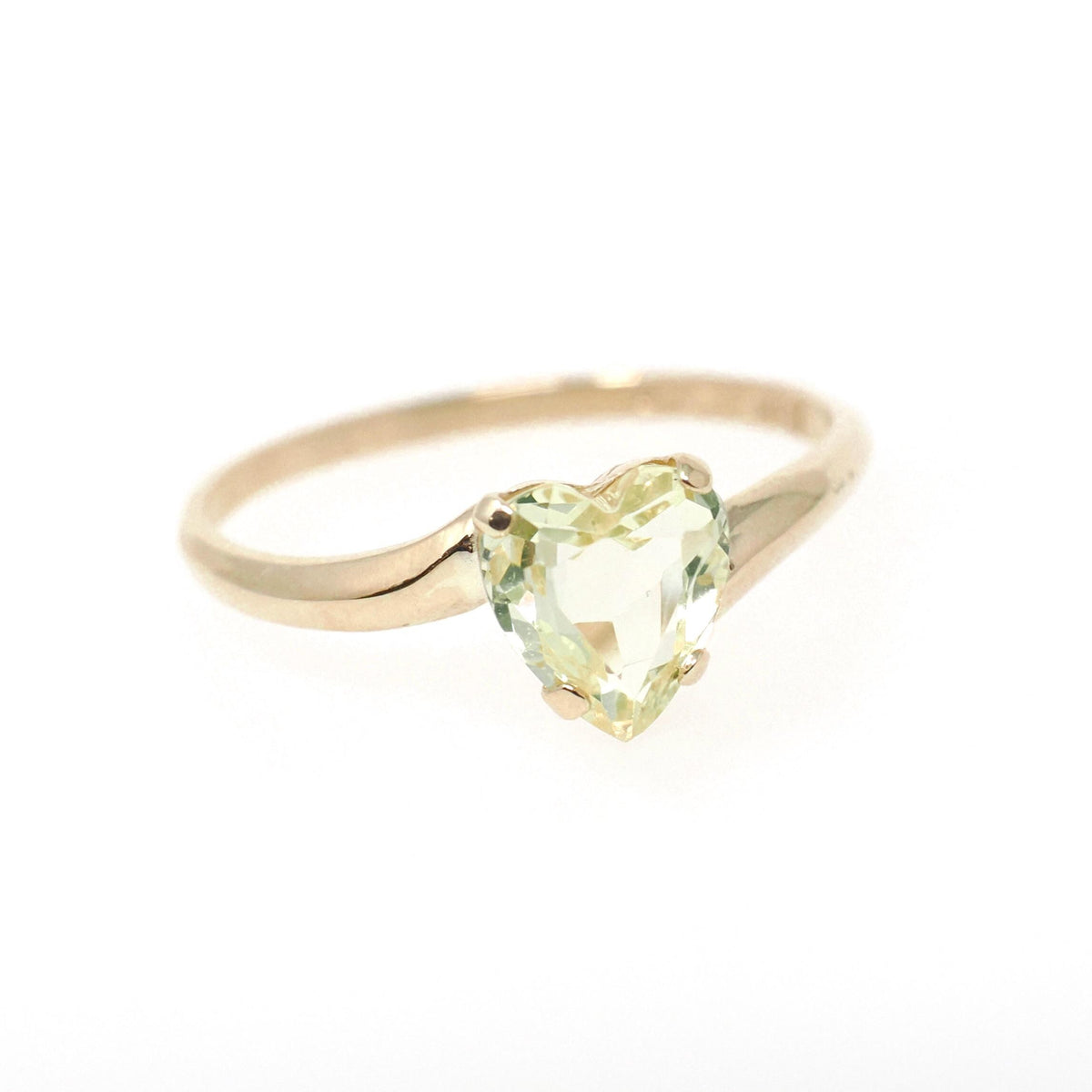 Vintage Heart Ring - Mid Century 10k Yellow Gold Light Green Created Spinel Bypass - Circa 1960s Size 6 1/2 August Birthstone Fine Jewelry