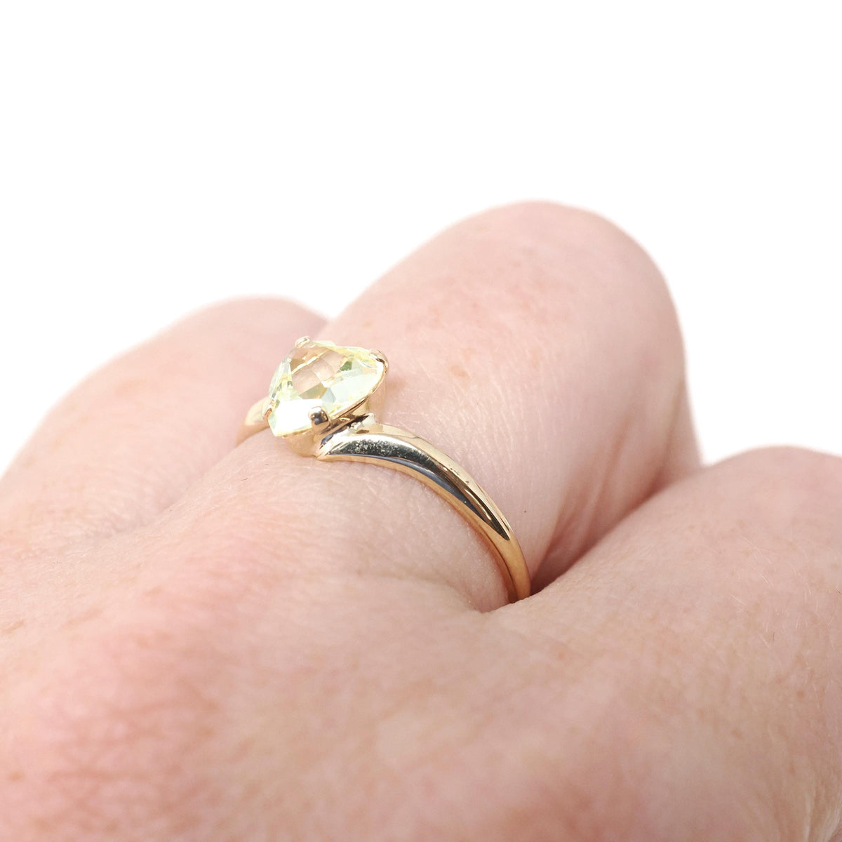 Vintage Heart Ring - Mid Century 10k Yellow Gold Light Green Created Spinel Bypass - Circa 1960s Size 6 1/2 August Birthstone Fine Jewelry