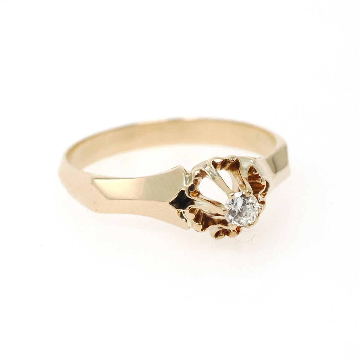 Vintage Diamond Ring - Mid Century 14k Yellow Gold Natural .08 CT Buttercup Solitaire - Circa 1950s Size 7.75 Knife Edge Flower Fine Jewelry